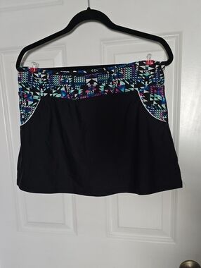 Black Swim Skirt with Geometric Multicolor Waistband